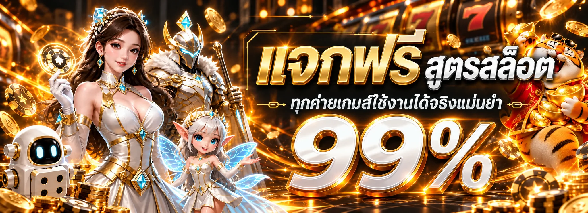 แบนเนอร์ GOT555 สูตรสล็อตและตัวละคร PG Soft โทนส้มทอง